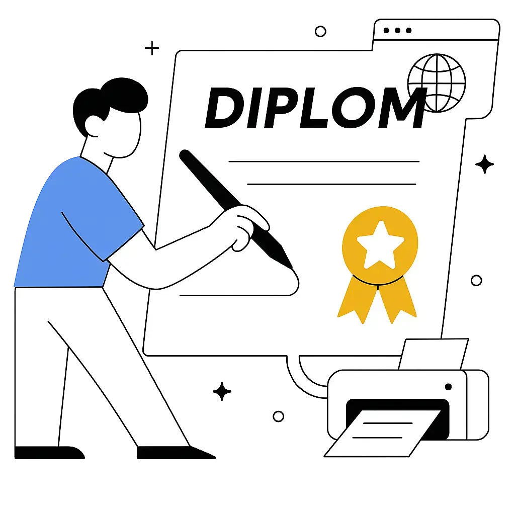 Ilustrace osoby vytvářející diplom se zlatou hvězdičkou